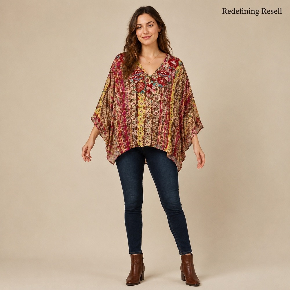 Savanna Jane Womens Boho Embroidered Floral Poncho Top Multicolor Small 17719-2